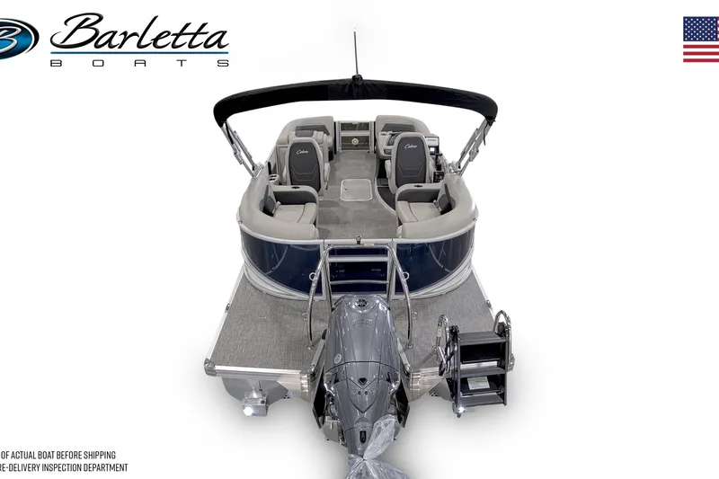 Slide: The Image of 2026 Barletta Cabrio 20QC pontoon boat, sleek design, spacious seating, modern features. - 2