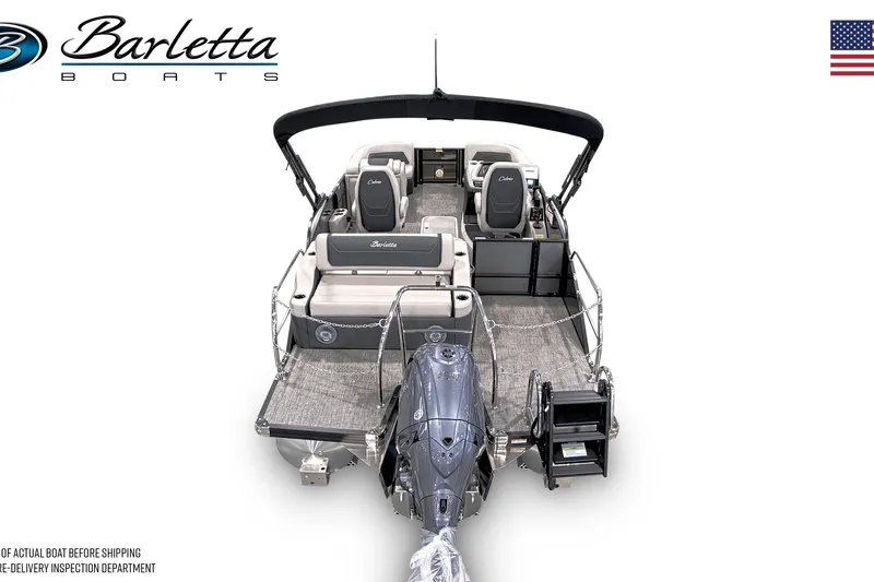 Slide: The Image of 2026 Barletta Cabrio 20UC pontoon boat, rear view, showcasing seating and motor. - 2