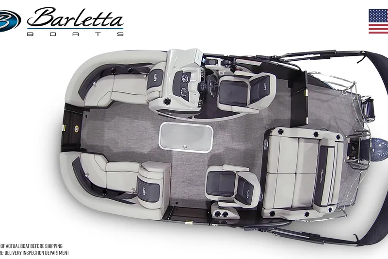Slide: The Image of 2026 Barletta Cabrio 20UC pontoon boat, top view, showcasing spacious seating and modern design. - 6