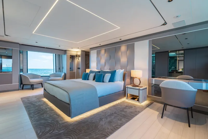 Slide: The Image of Luxurious bedroom interior of 2024 Mangusta Oceano 44 yacht with ocean view. - 21