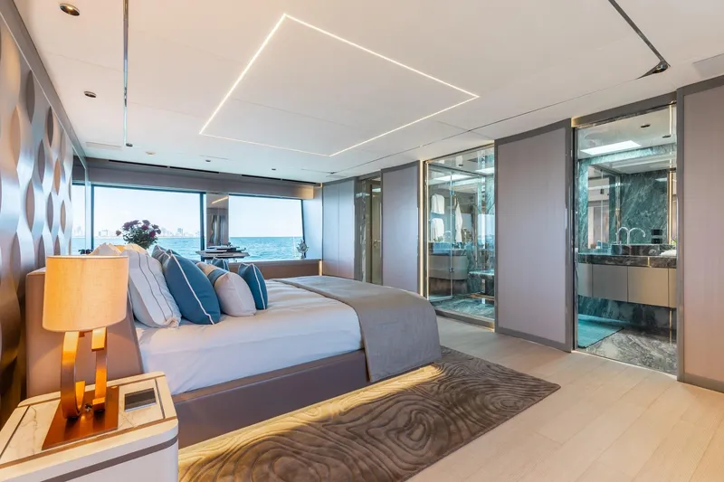 Slide: The Image of Luxurious bedroom interior of 2024 Mangusta Oceano 44 yacht with ocean view. - 23