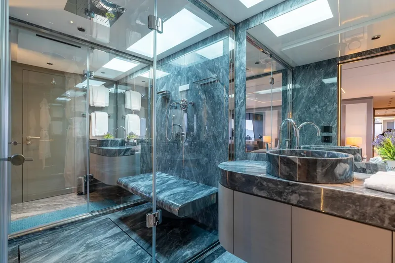 Slide: The Image of Luxurious marble bathroom interior on 2024 Mangusta Oceano 44 yacht. - 25