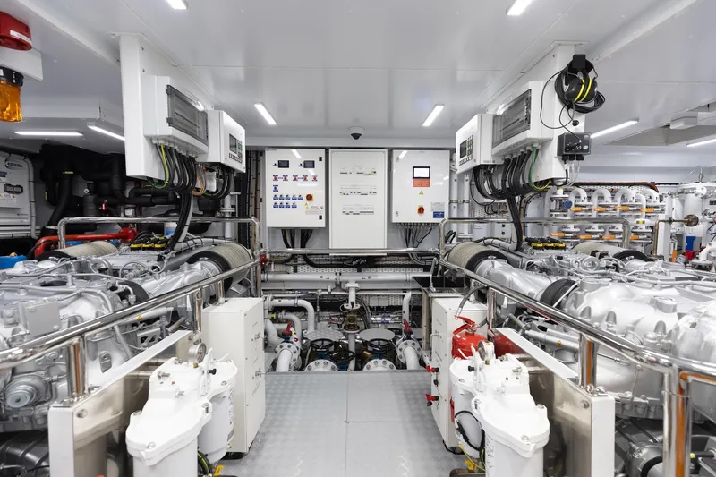Slide: The Image of Engine room of 2024 Mangusta Oceano 44 yacht, showcasing advanced machinery and control systems. - 45