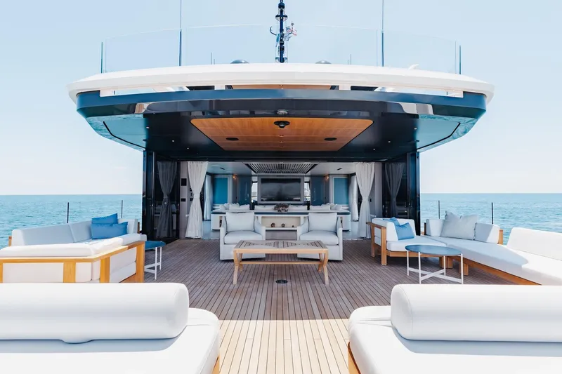 Slide: The Image of Luxurious 2024 Mangusta Oceano 44 yacht deck with elegant seating and ocean view. - 46