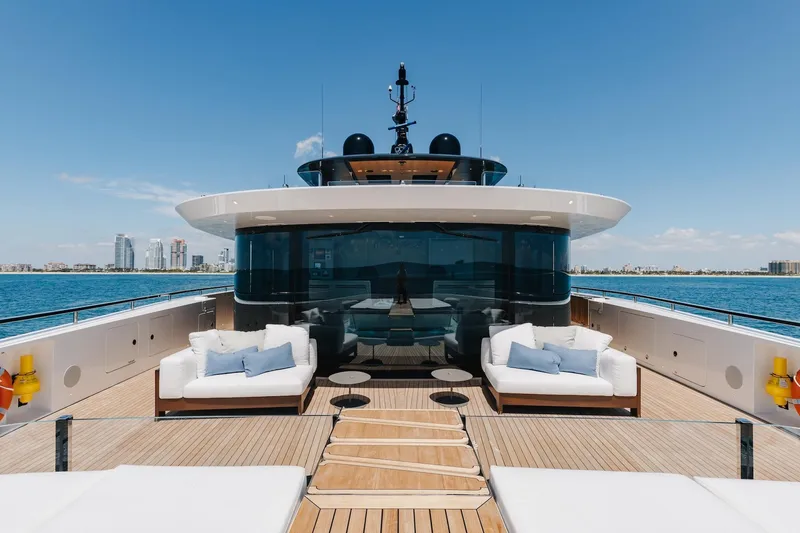 Slide: The Image of Luxurious 2024 Mangusta Oceano 44 yacht deck with modern seating and ocean view. - 59
