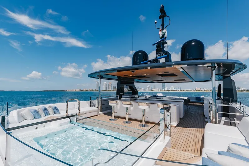 Slide: The Image of Luxurious 2024 Mangusta Oceano 44 yacht deck with jacuzzi and seating, under clear blue sky. - 60