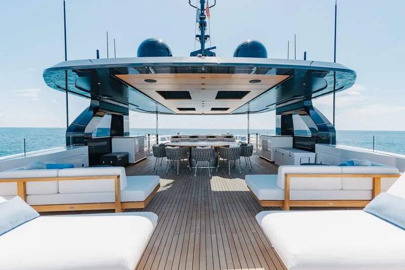 Slide: The Image of Luxurious 2024 Mangusta Oceano 44 yacht deck with elegant seating and ocean view. - 61
