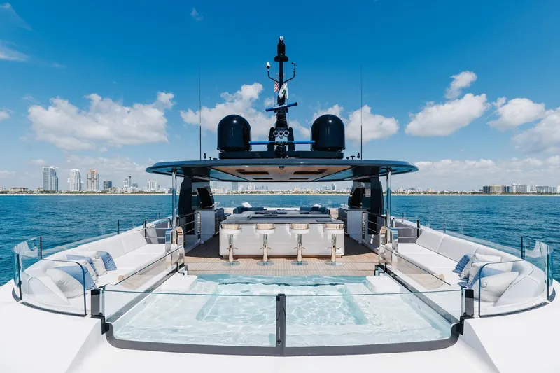 Slide: The Image of Luxurious 2024 Mangusta Oceano 44 yacht with spacious deck and stunning ocean view. - 66