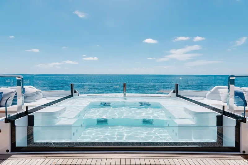 Slide: The Image of Luxurious 2024 Mangusta Oceano 44 yacht with a stunning ocean-view jacuzzi. - 68