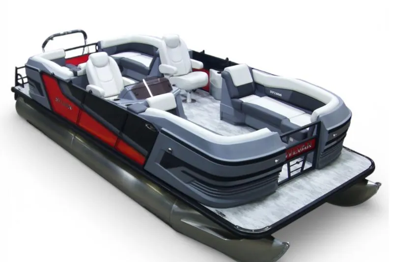 Slide: The Image of 2026 Sylvan R-22 LZ DH pontoon boat with modern seating and sleek design. - 12