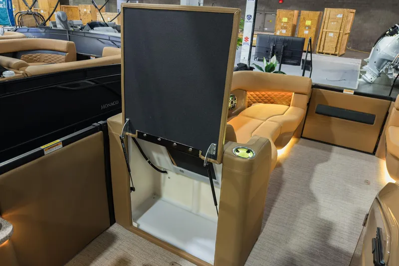 Slide: The Image of 2026 Godfrey SanPan 25' Split Bench interior with luxurious seating and modern design. - 34