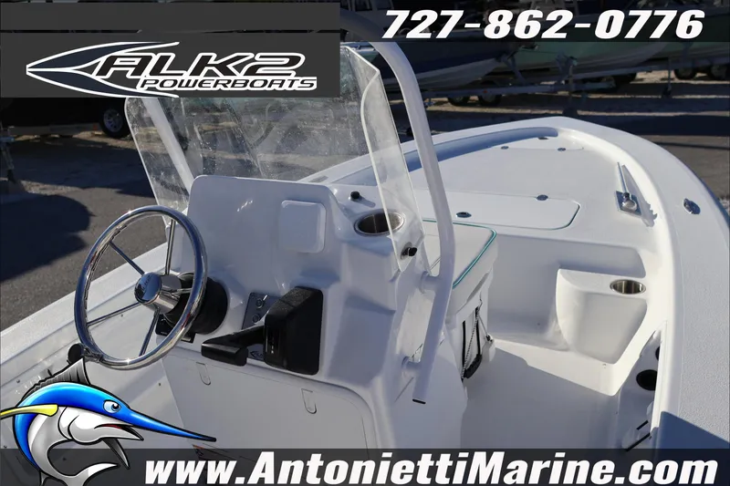 Slide: The Image of 2026 ALK2 Powerboats 17HS, sleek design, white interior, steering console, Antonietti Marine branding. - 12