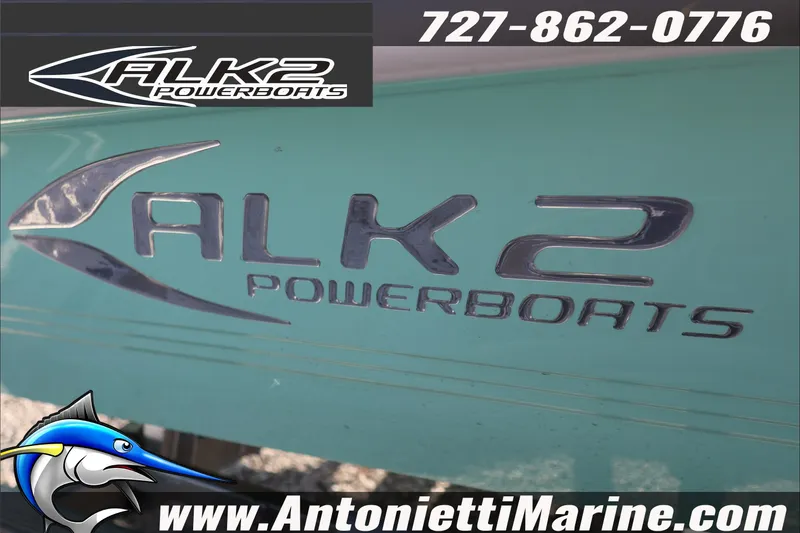 Slide: The Image of 2026 ALK2 Powerboats 17HS logo on turquoise hull, Antonietti Marine contact details. - 13