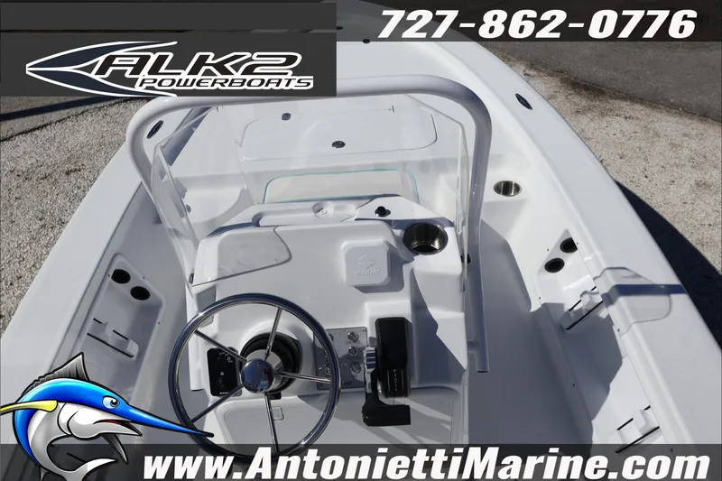 Slide: The Image of 2026 ALK2 Powerboats 17HS interior with steering wheel and controls, Antonietti Marine branding. - 17