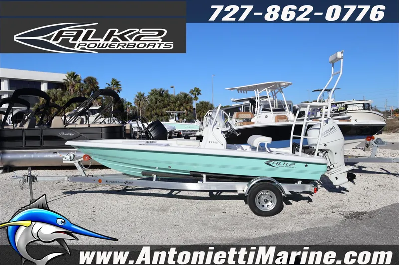 Slide: The Image of 2026 ALK2 Powerboats 17HS on trailer at Antonietti Marine dealership. - 2
