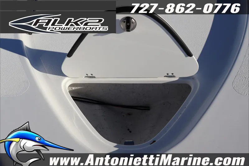 Slide: The Image of 2026 ALK2 Powerboats 17HS storage compartment, featuring logo and contact details. - 7