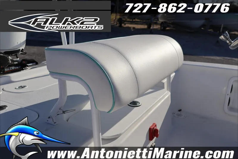 Slide: The Image of 2026 ALK2 Powerboats 17HS seat detail with logo and contact information. - 9