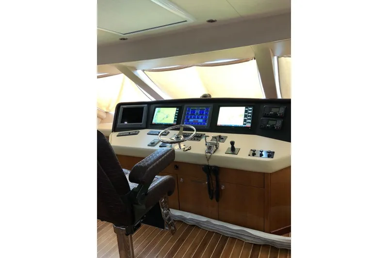 Slide: The Image of Helm of 2007 Hatteras 68 Convertible yacht with navigation screens and controls. - 27