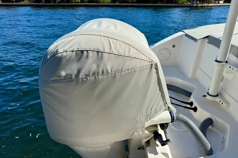 Slide: The Image of 2020 Pursuit DC 266 Dual Console boat engine covered, docked on calm water. - 19