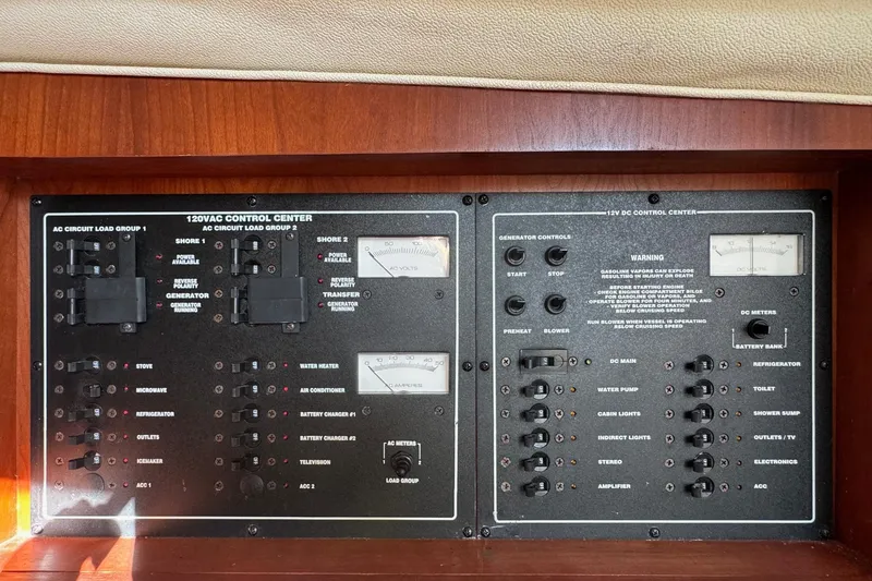 Slide: The Image of Control panel of a 2002 Sport-Craft 3150 Sportfish boat, featuring AC and DC systems. - 34