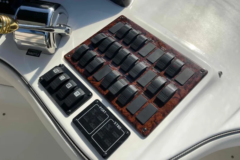 Slide: The Image of 2005 Sea Ray 420 Sedan Bridge yacht docked at marina under clear blue sky. - 67