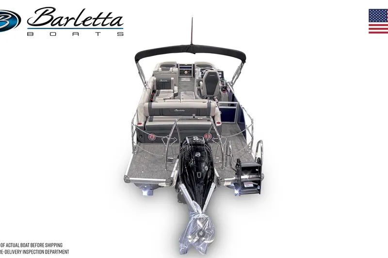 Slide: The Image of 2026 Barletta Corsa 23U pontoon boat, rear view, showcasing seating and motor. - 2