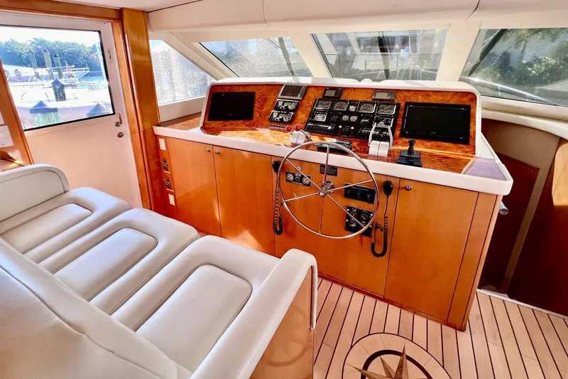 Slide: The Image of Luxurious helm of 2001 Hatteras 75 Cockpit Motor Yacht with modern controls. - 15