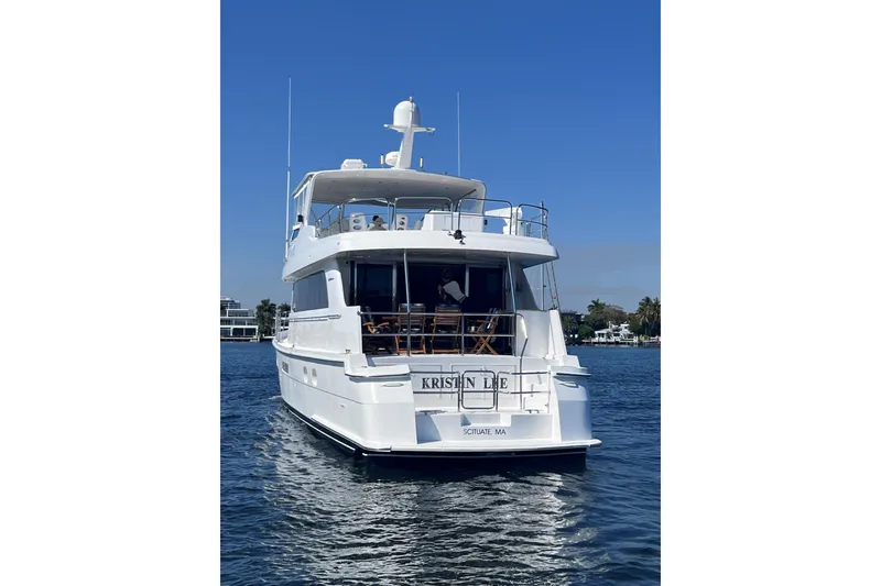 Slide: The Image of 2001 Hatteras 75 Cockpit Motor Yacht on calm water, rear view. - 5