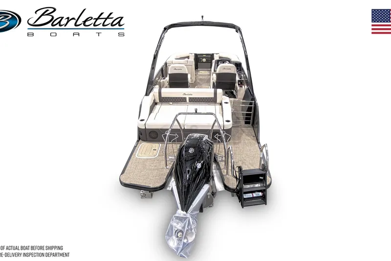 Slide: The Image of 2026 Barletta Lusso 23UCA pontoon boat, rear view, showcasing seating and motor. - 9