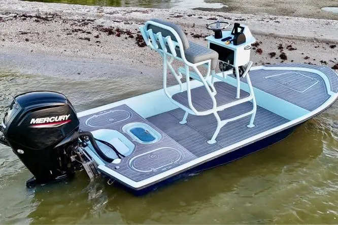The Image of 2001 Pro Sports 16 boat with Mercury outboard motor, docked on sandy shore. - 1