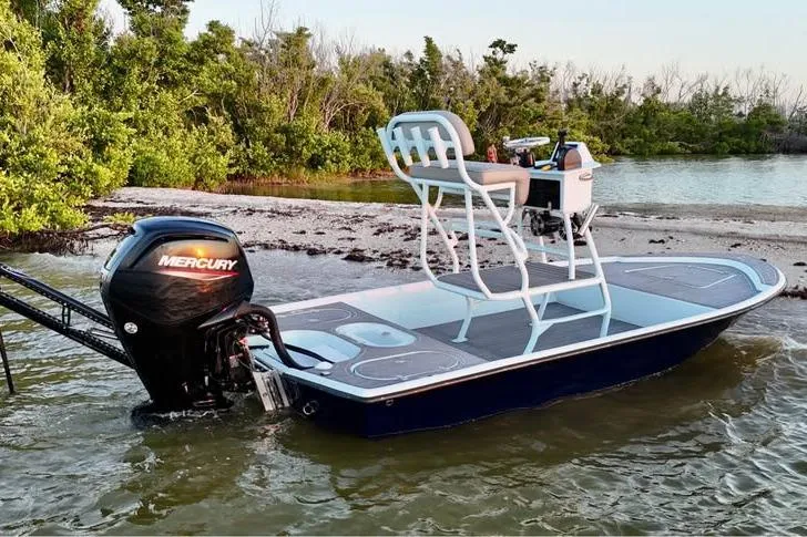 Slide: The Image of 2001 Pro Sports 16 boat with Mercury engine, docked near a sandy shore and lush greenery. - 7