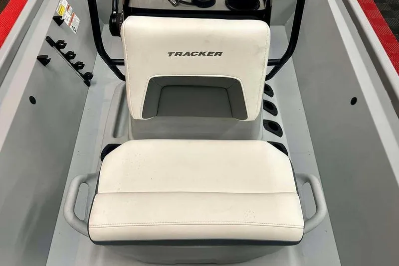 Slide: The Image of 2026 Tracker Bass Tracker Classic CC boat seat, white upholstery, sleek design. - 13
