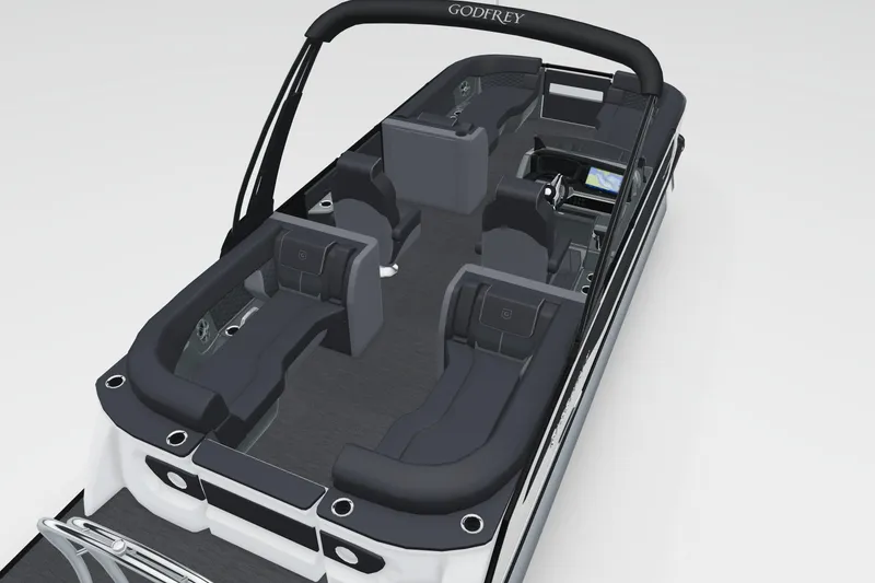 Slide: The Image of 2026 Godfrey Sanpan 25' Split Bench Tritoon with sleek black and white design. - 2