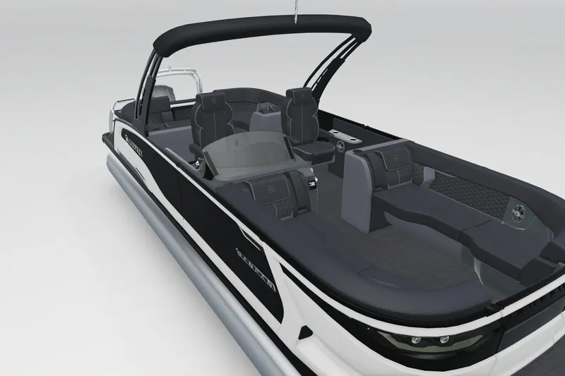 Slide: The Image of 2026 Godfrey Sanpan 25' Split Bench Tritoon with sleek design and powerful outboard motor. - 3