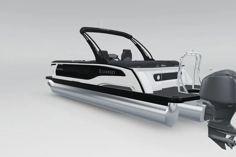 Slide: The Image of 2026 Godfrey Sanpan 25' Split Bench Tritoon, front view, sleek design, modern pontoon boat. - 4