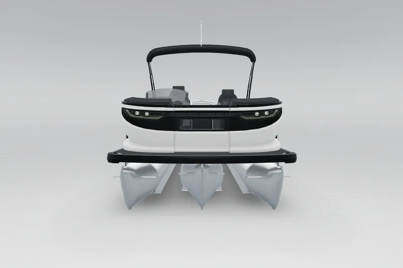 Slide: The Image of 2026 Godfrey Sanpan 25' Split Bench Tritoon, sleek black and white design, luxury pontoon boat. - 5