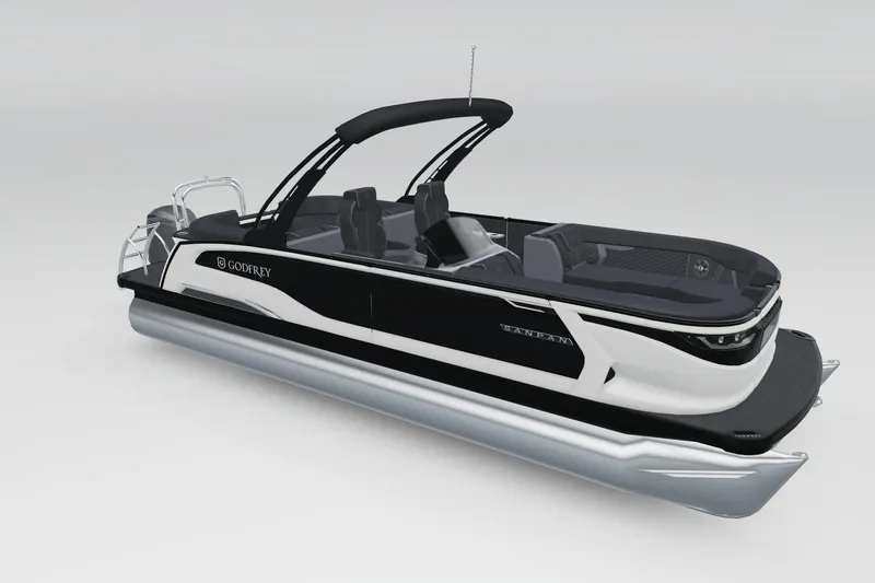 Slide: The Image of 2026 Godfrey Sanpan 25' Split Bench Tritoon, sleek design with modern seating and helm. - 6