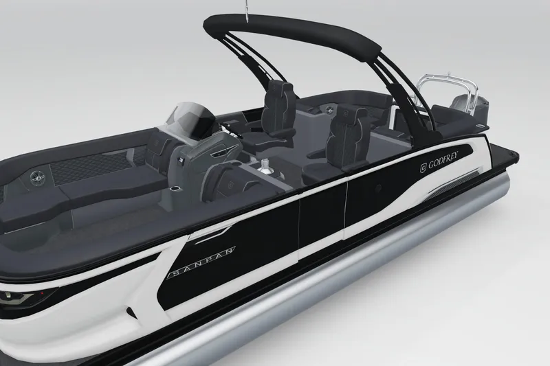Slide: The Image of Top view of 2026 Godfrey Sanpan 25' Split Bench Tritoon boat, sleek design. - 7