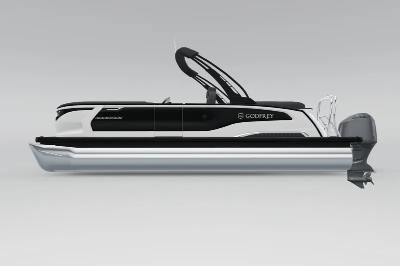 Slide: The Image of 2026 Godfrey Sanpan 25' Split Bench Tritoon, rear view with sleek design and modern features. - 9