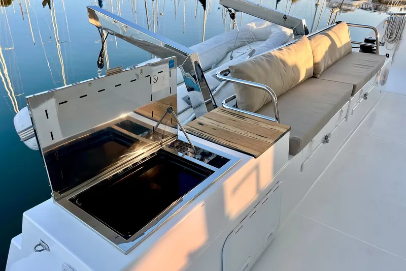Slide: The Image of Luxury outdoor seating and grill on 2018 Fountaine Pajot Saona catamaran. - 9