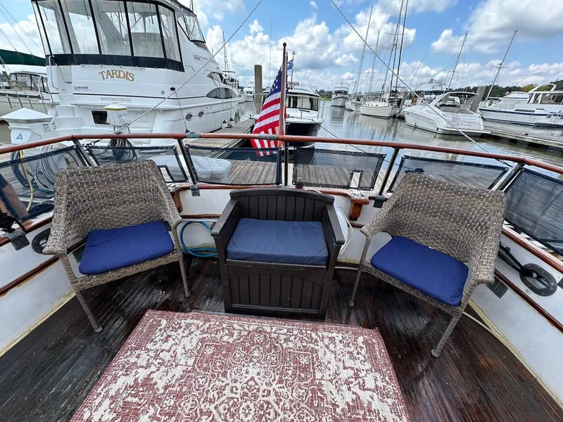 Slide: The Image of 1974 Grand Banks 32 Sedan yacht deck with seating, American flag, and marina view. - 6