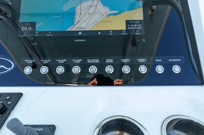 Slide: The Image of Control panel of 2022 Valhalla Boatworks V-37 with Garmin navigation display. - 20