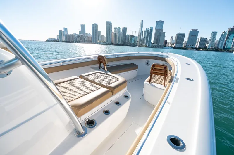 Slide: The Image of 2022 Valhalla Boatworks V-37 on water with city skyline in background. - 34