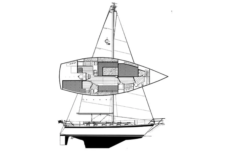 The Image of Blueprint of 1988 Caliber 38 sailboat, showcasing interior layout and sail design. - 1