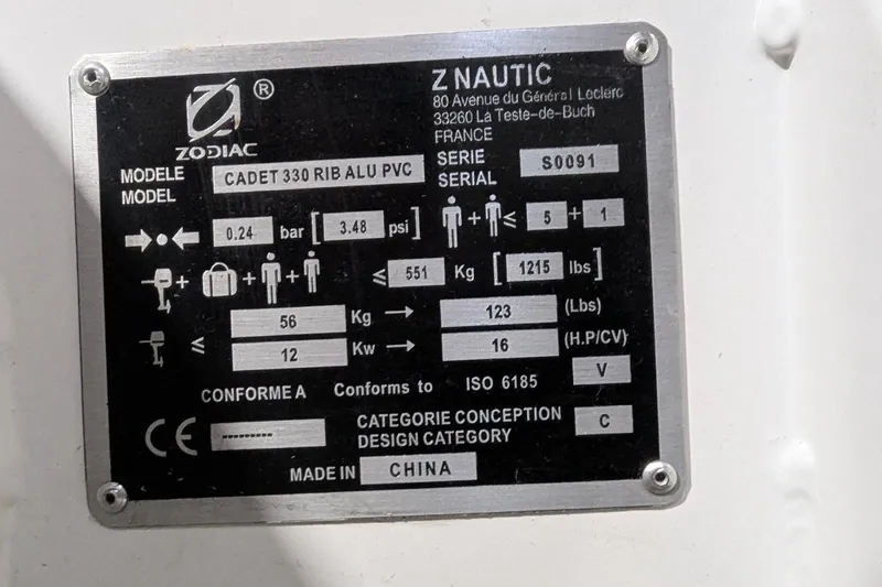 Slide: The Image of Zodiac Cadet RIB Alu 330 2025 model specification plate with technical details. - 4