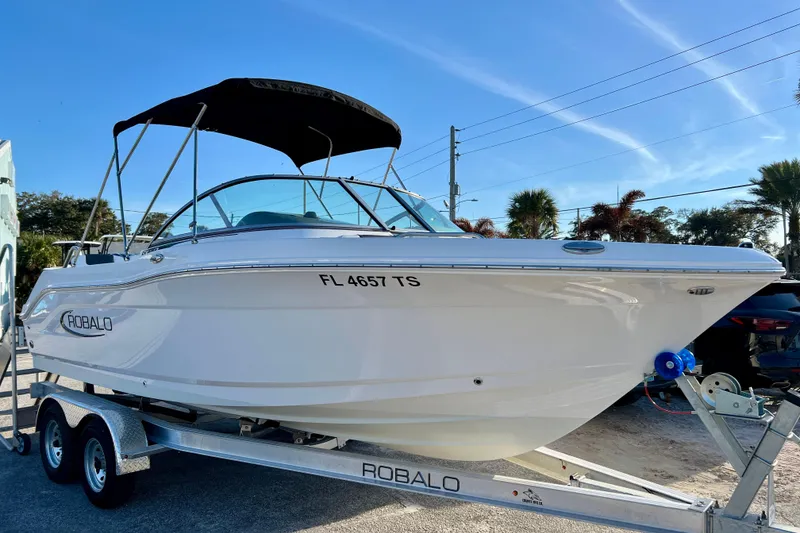 The Image of 2024 Robalo R207 Dual Console boat on trailer, sunny day, palm trees in background. - 0
