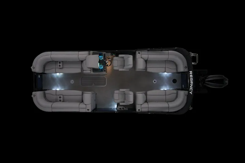 Slide: The Image of 2026 Regency 230 DL pontoon boat interior with ambient lighting, top view. - 19
