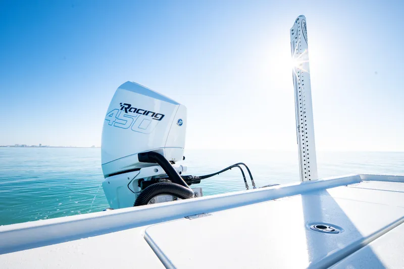 Slide: The Image of 2016 Barker Boatworks 26 Calibogue Bay with Racing 450 engine on calm water. - 33