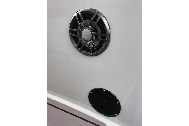Slide: The Image of Close-up of 2023 Saxdor 320 GTO boat speaker and vent detail. - 18