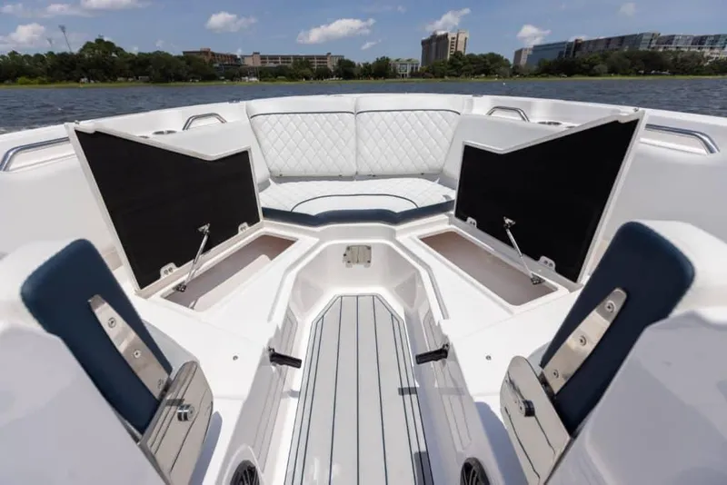 Slide: The Image of 2026 Sea Fox 268 Traveler boat interior with seating and storage compartments. - 6